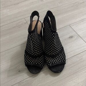 Andrew Geller Black Studded Open-Toe Slingback Heels